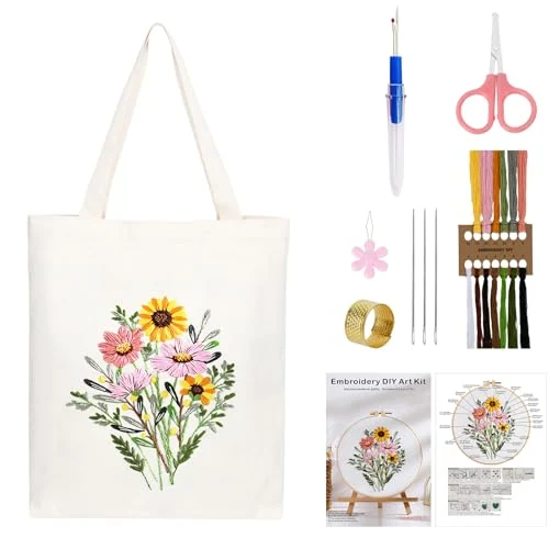 Sac à broder — fleurs jaunes et roses — visuel de la référence