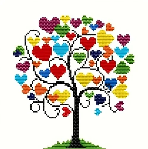 Arbre aux cœurs colorés — point de croix — visuel de la référence