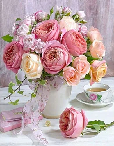 Vase de roses et tasse — point de croix — visuel de la référence
