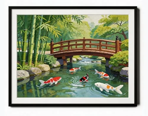 Pont de bois, bambous et poissons — visuel de la référence